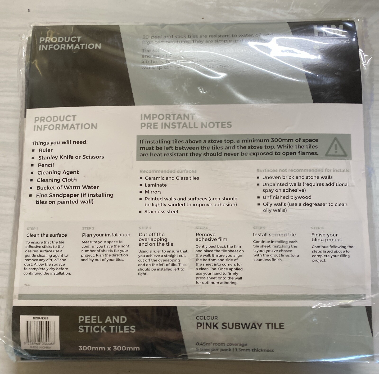 Hanwood Bulk 9 X Pink Subway Tile 300mm X 300mm 0.45m2 Peel And Stick Tiles New