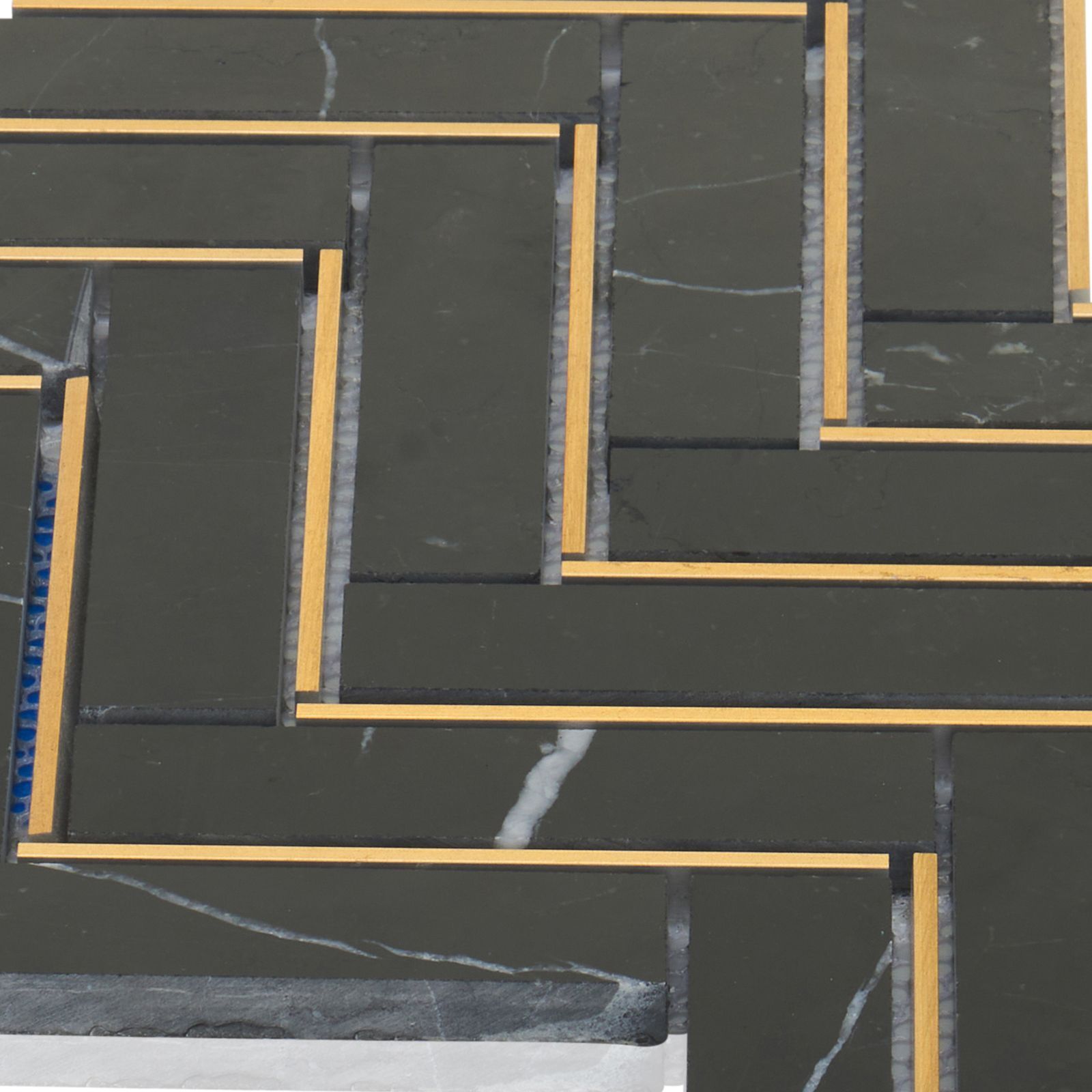 Marquina Black Marble Stone Gold Metal Inlay Herringbone Kitchen Tile Backsplash