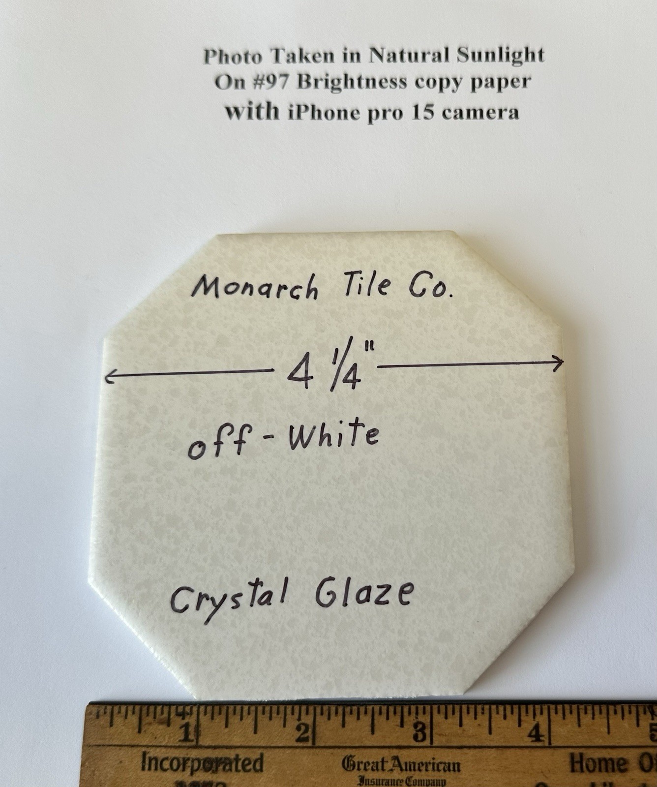 1 pc. Off-White Octagon Ceramic Tile: 4-1/4″ Crystal Glazed by Monarch Co. NEW