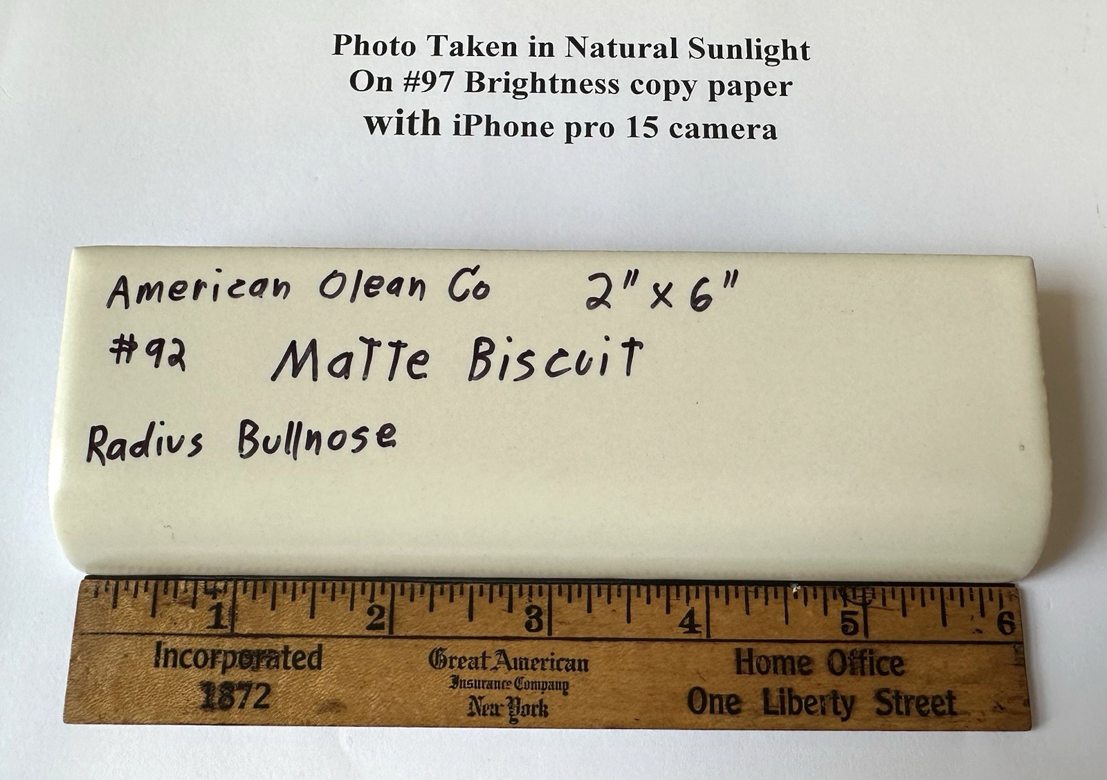 1 pc. Matte Biscuit: Ceramic Radius Bullnose Tile by American Olean Co. 2″ X 6″