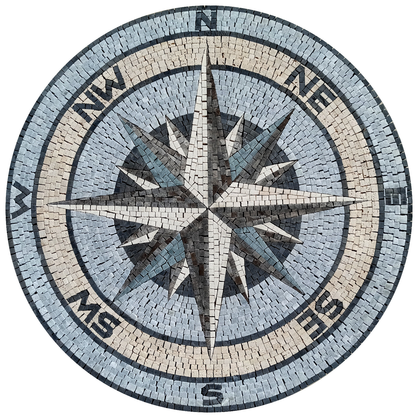 Handmade Nautical Compass Rose in Storm Grey Mosaic Medallion