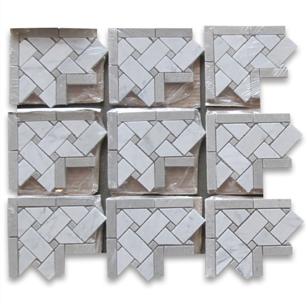 C653CXP Carrara White Marble 4×4 Basketweave Mosaic Corner Gray Dots Polished