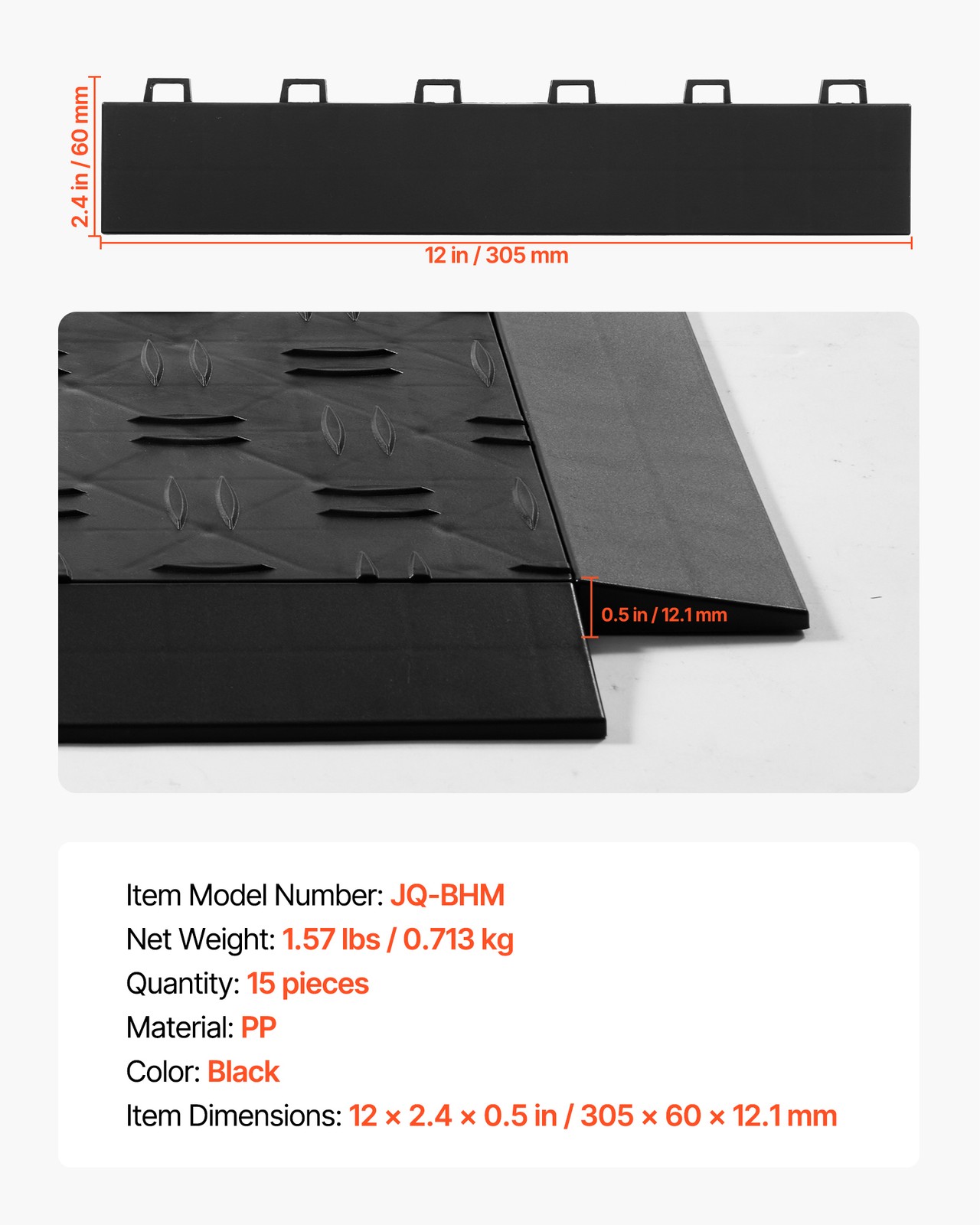 VEVOR Female Garage Floor Edge Kit 15pcs PP Interlocking Slip-Resistant Black