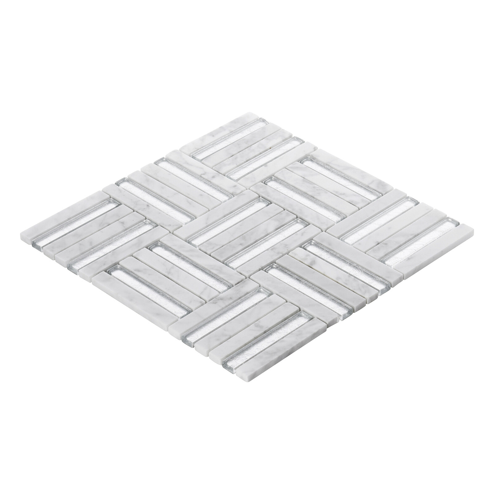 White Calacatta Marble Stone Silver Glass Insert Parquet Mosaic Tile Backsplash