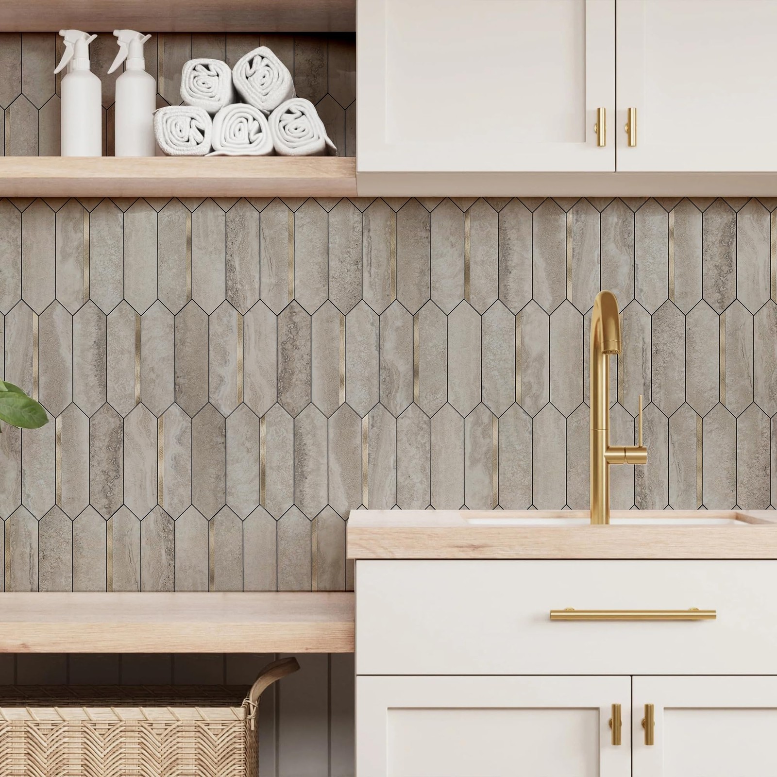 Peel and Stick Backsplash Long Hexagon Wall Tile, 10-Pieces, Beige