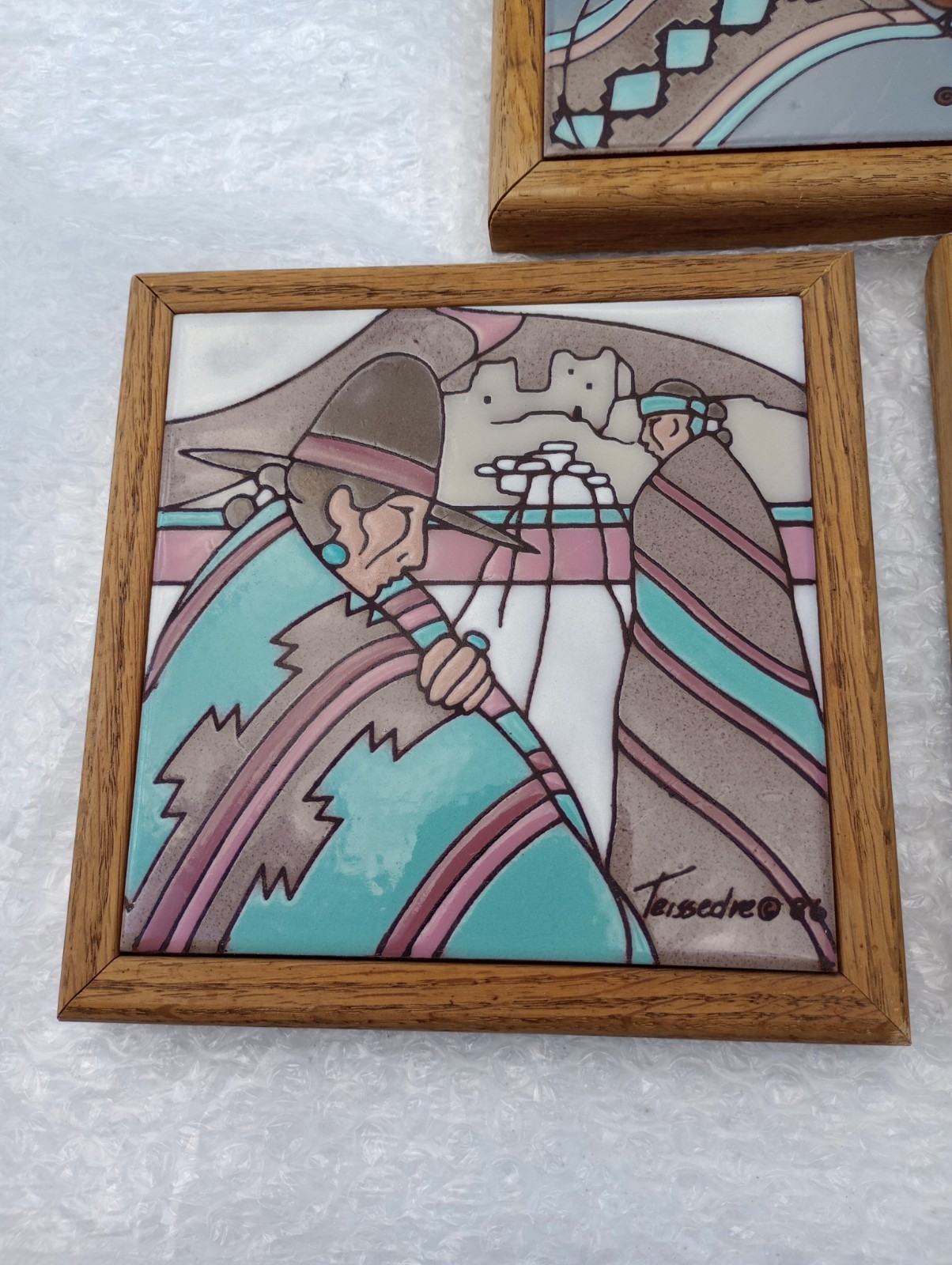 Vintage Cleo Teissedre Tiles Framed Trivets Wall Art Native American