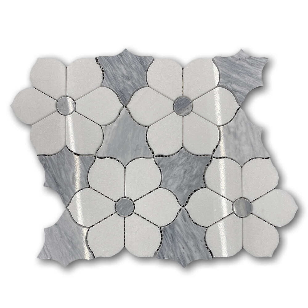 T9E7XP Thassos & Gray Marble Waterjet Magnolia Flower Accent Tile Polished