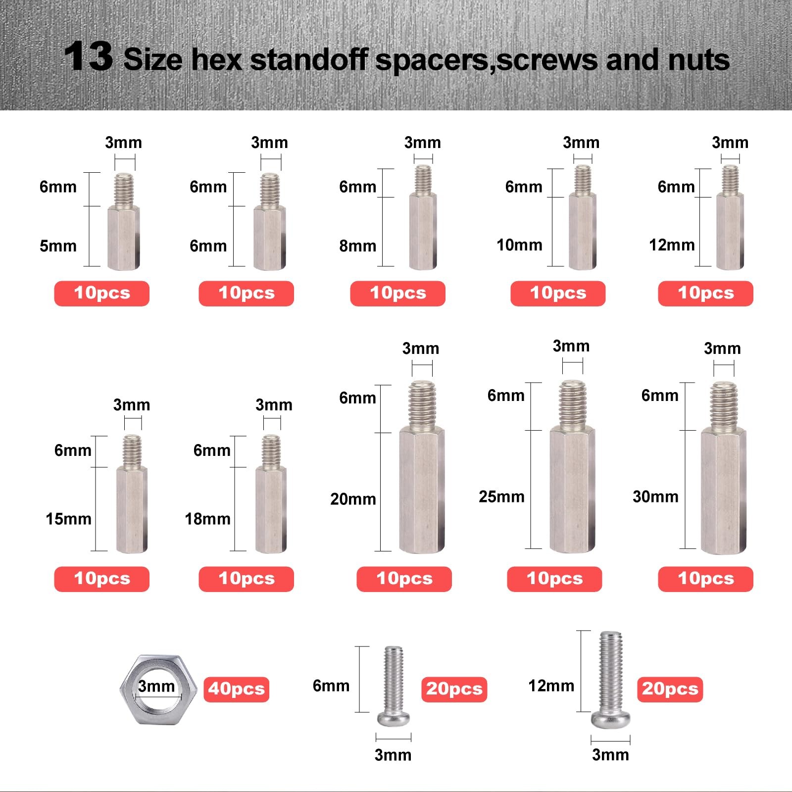 M3 Hex Carbon Steel Standoff,180 Pcs Male Female Female, Silver