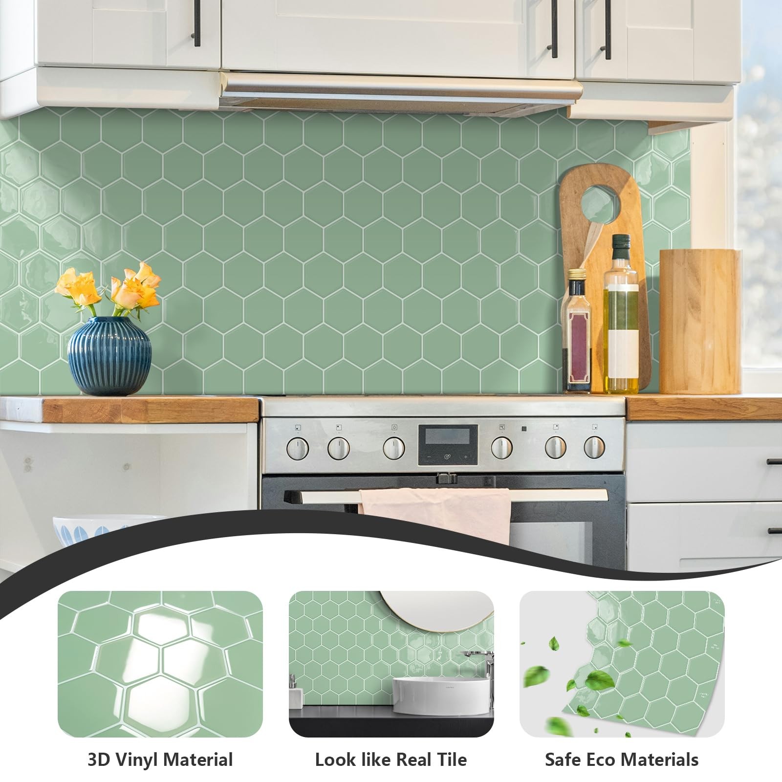 Sage Green Hexagon Peel and Stick Backsplash,12 x 12 Self Adhesive Back Splas…