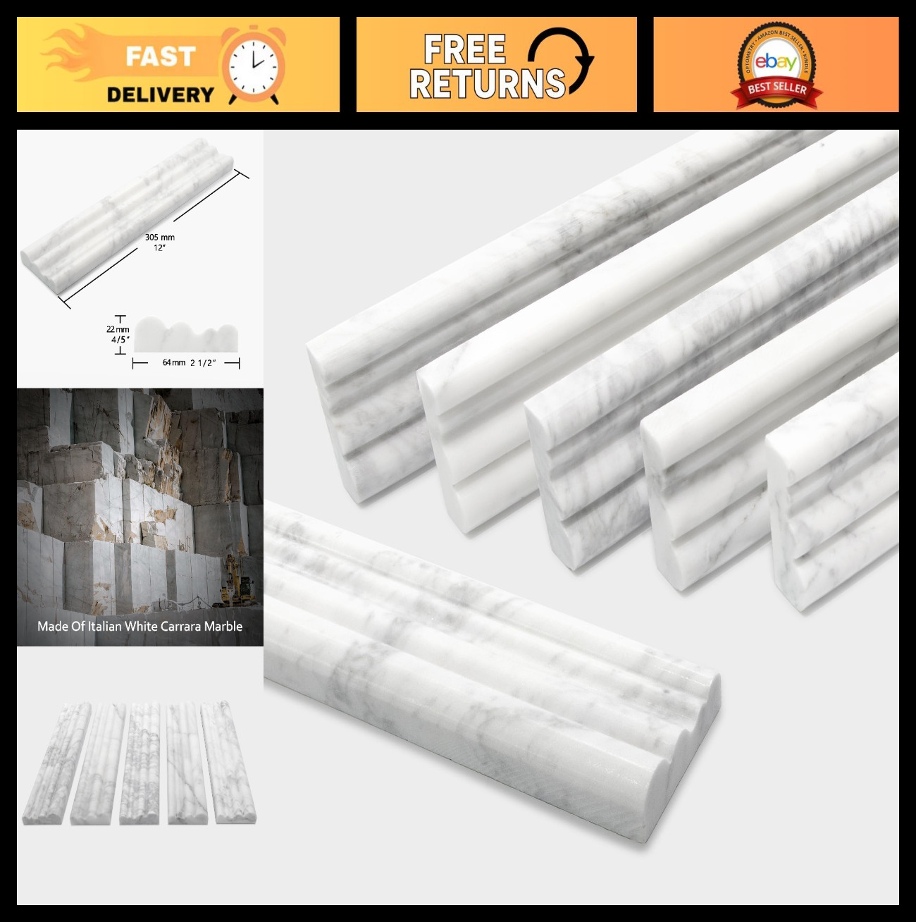 5-Pack Carrara White Marble Chair Rail Trim Molding, 2.5″ x 12″ Natural Stone Ti