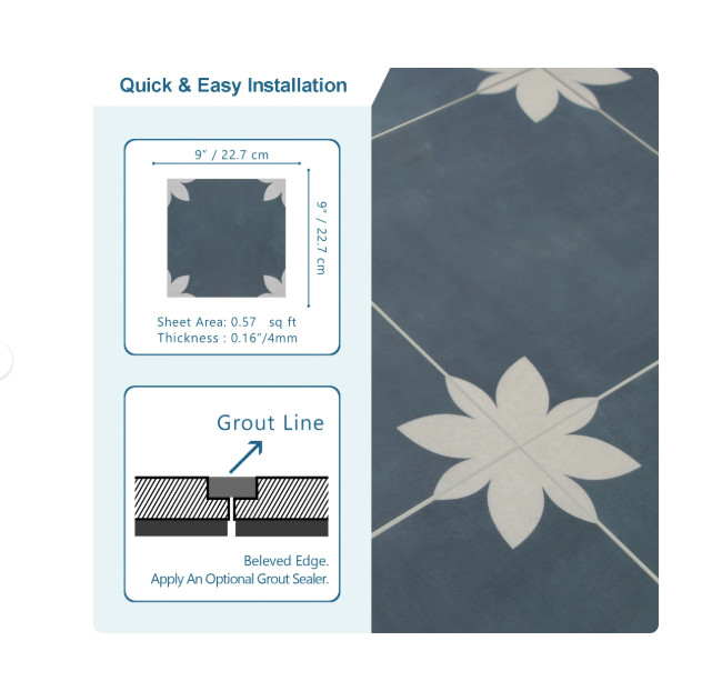 SUNWINGS 9″ x 9″ Blue Vinyl Wall and Floor Tiles, for Kitchen Bathroom 16 Piece