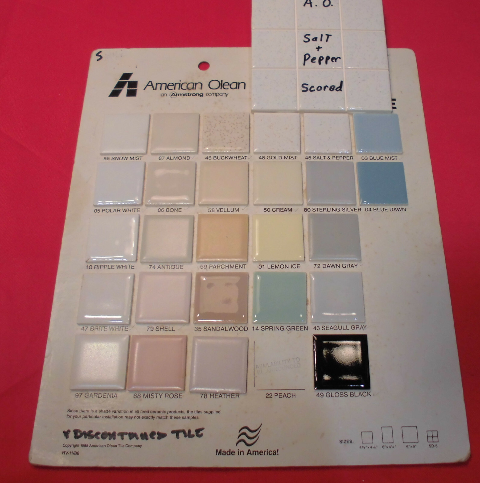 1 pc. Glossy Ceramic Tile: Salt & Pepper, American Olean 4-1/4″ Scored in 9ths