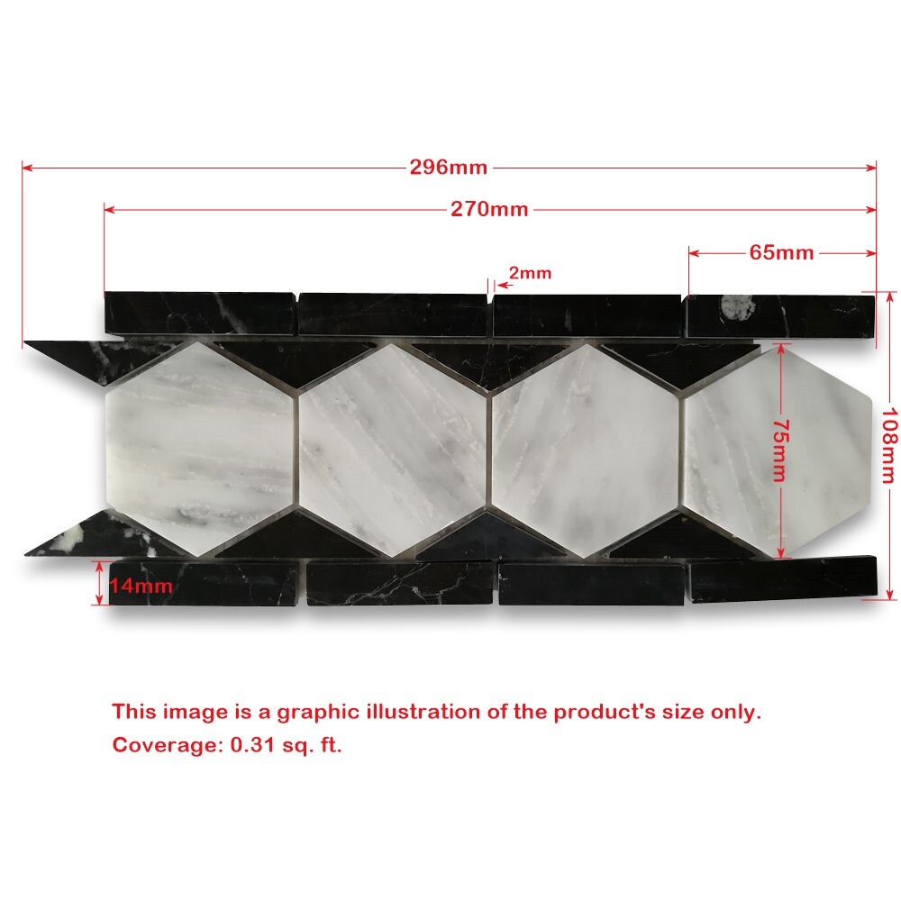 C33B2XH Carrara White Marble 3 Hexagon Listello Mosaic Border Tile Black Honed