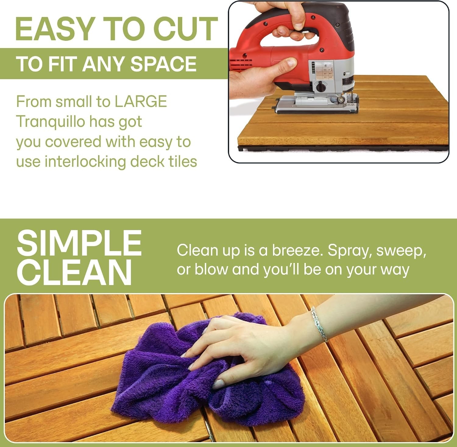 Non-Slip Acacia Wood Deck Tiles – Golden Striped, 12”x12”, 9 Pcs Easy Install