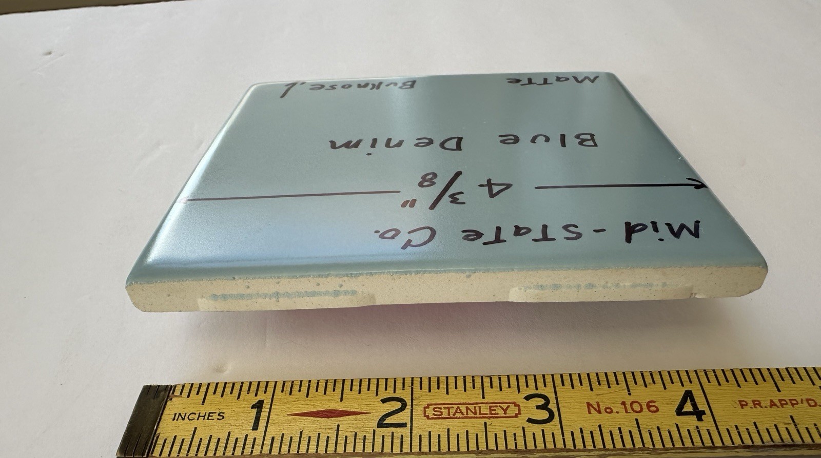 1 pc. Blue Denim: Bullnose Matte Ceramic Tile 4-3/8″ by Mid-State Co. NOS