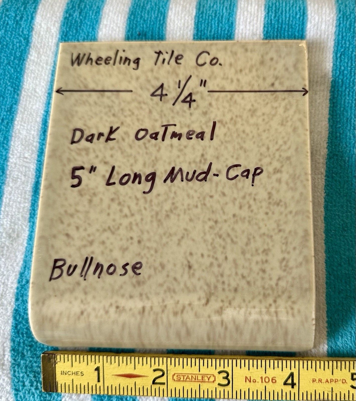 1 pc. Radius Long Bullnose: 4-1/4″ X 5″ Oatmeal Glossy Ceramic Tile, Wheeling Co