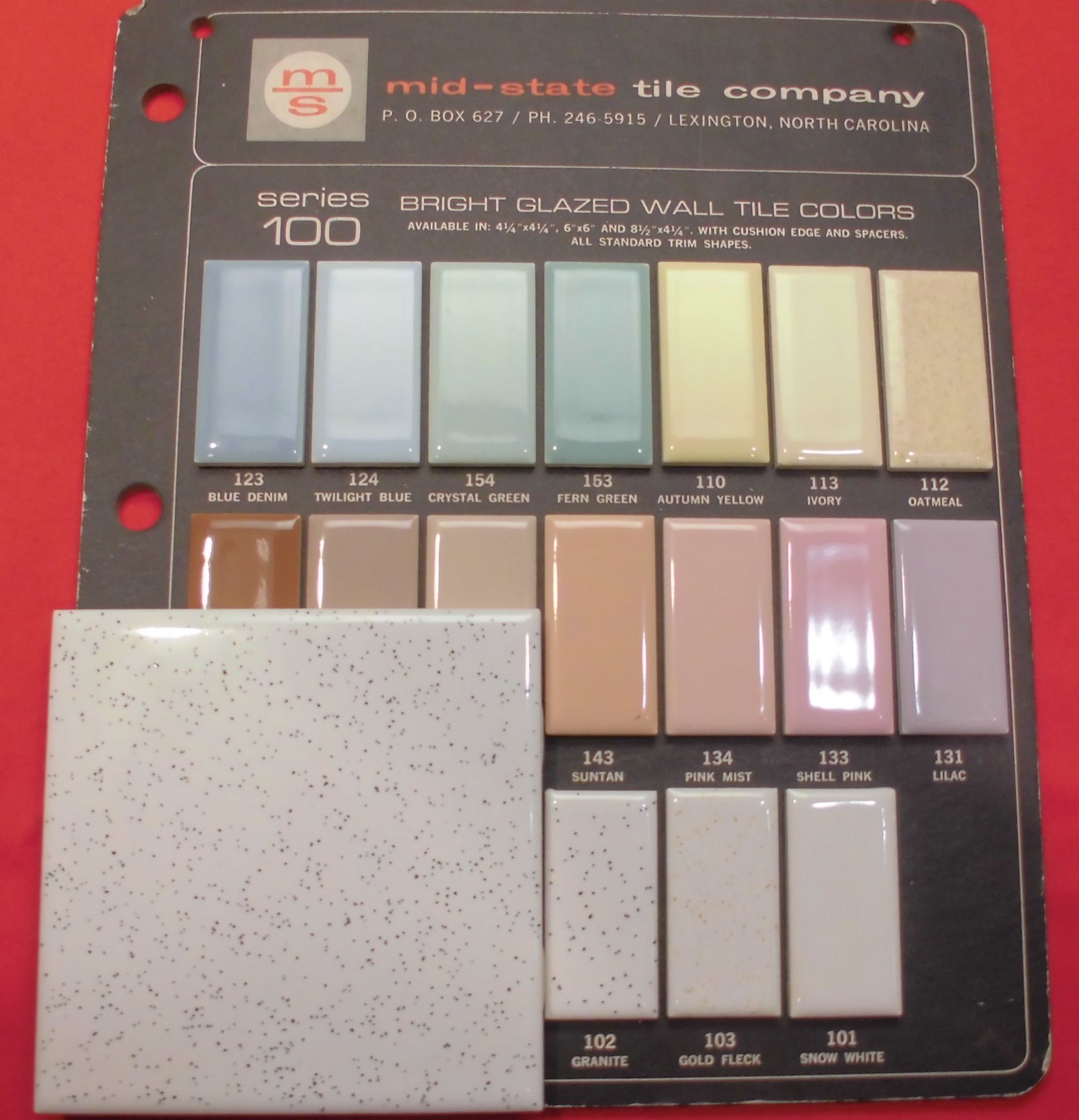 1 pc. White with dark specks…Glossy Ceramic Tile by Mid-State Co. 4-3/8″ NOS