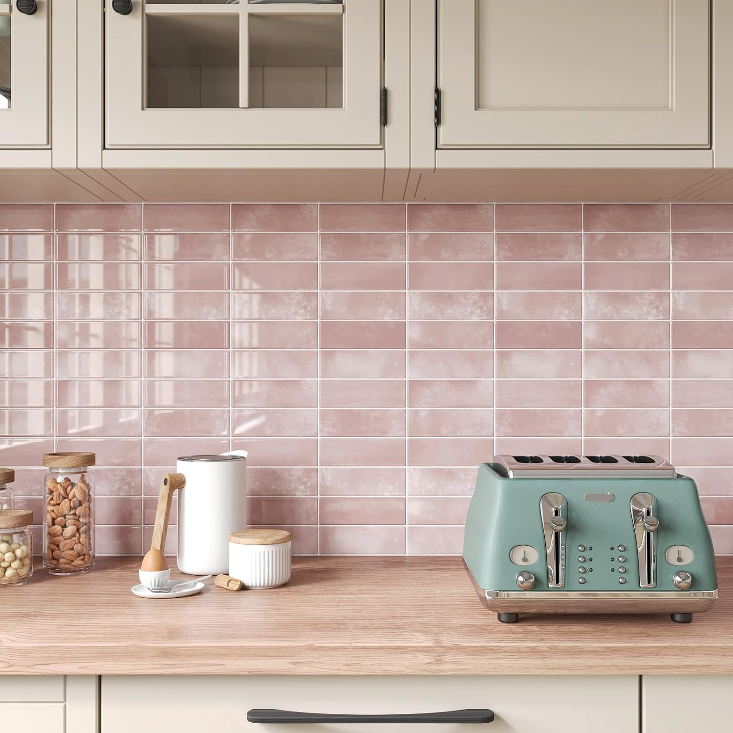 6 Sheets 12″X12″ Pink Subway Peel and Stick Backsplash Tiles Heat Resistant Wate