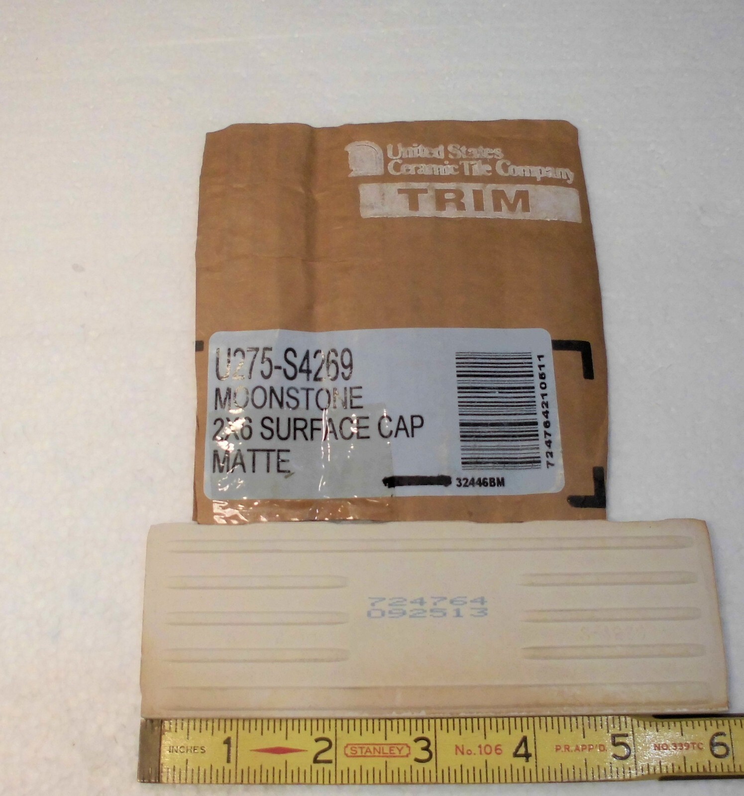1 pc. Matte Bone: Bullnose Surface Flat Ceramic Tile #U-275 Moonstone, Made USA