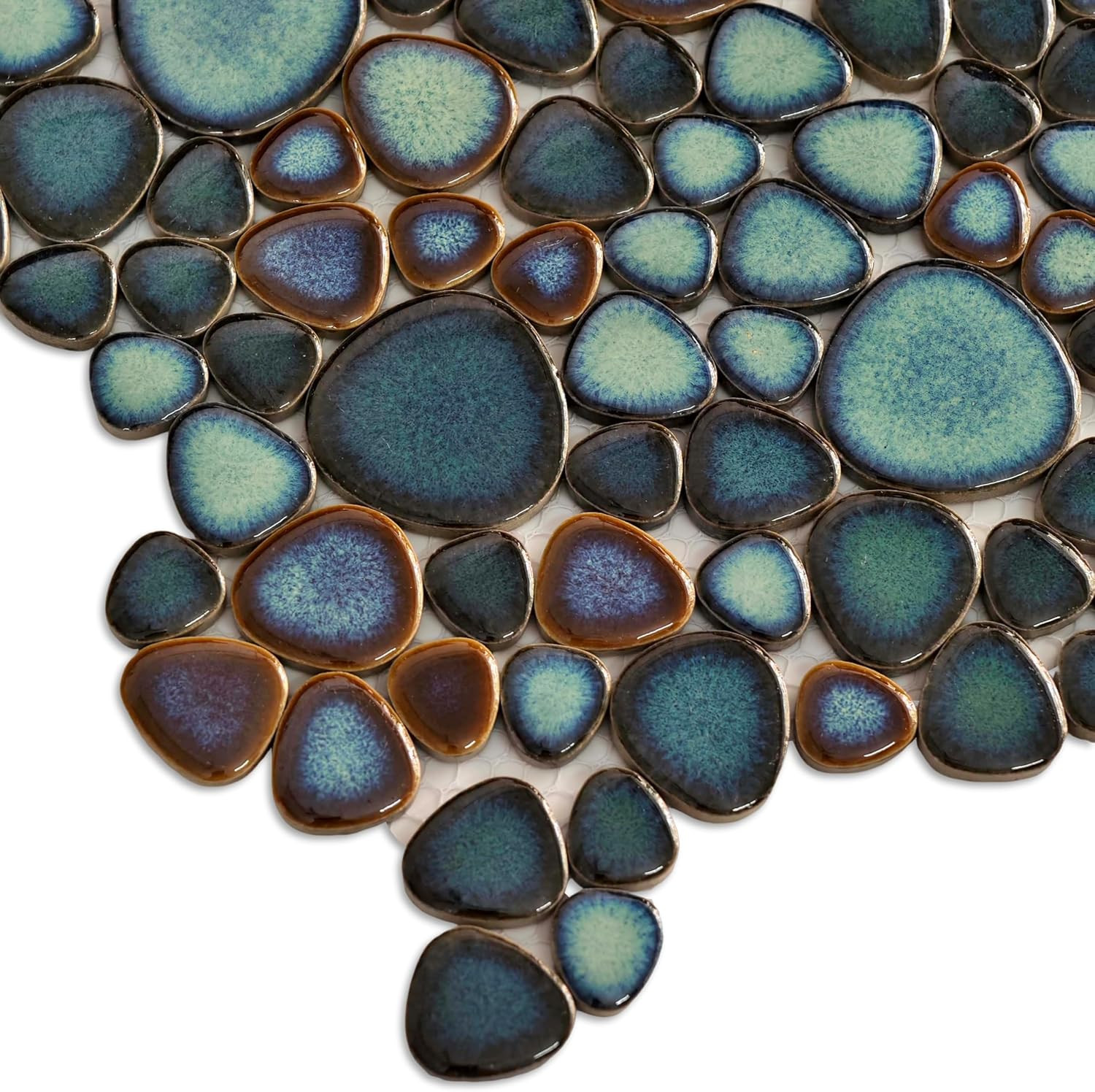 Teal Blue & Bronze Ceramic Pebble Mosaic Tile, 12×12 Sheet for Spa & Backsplash