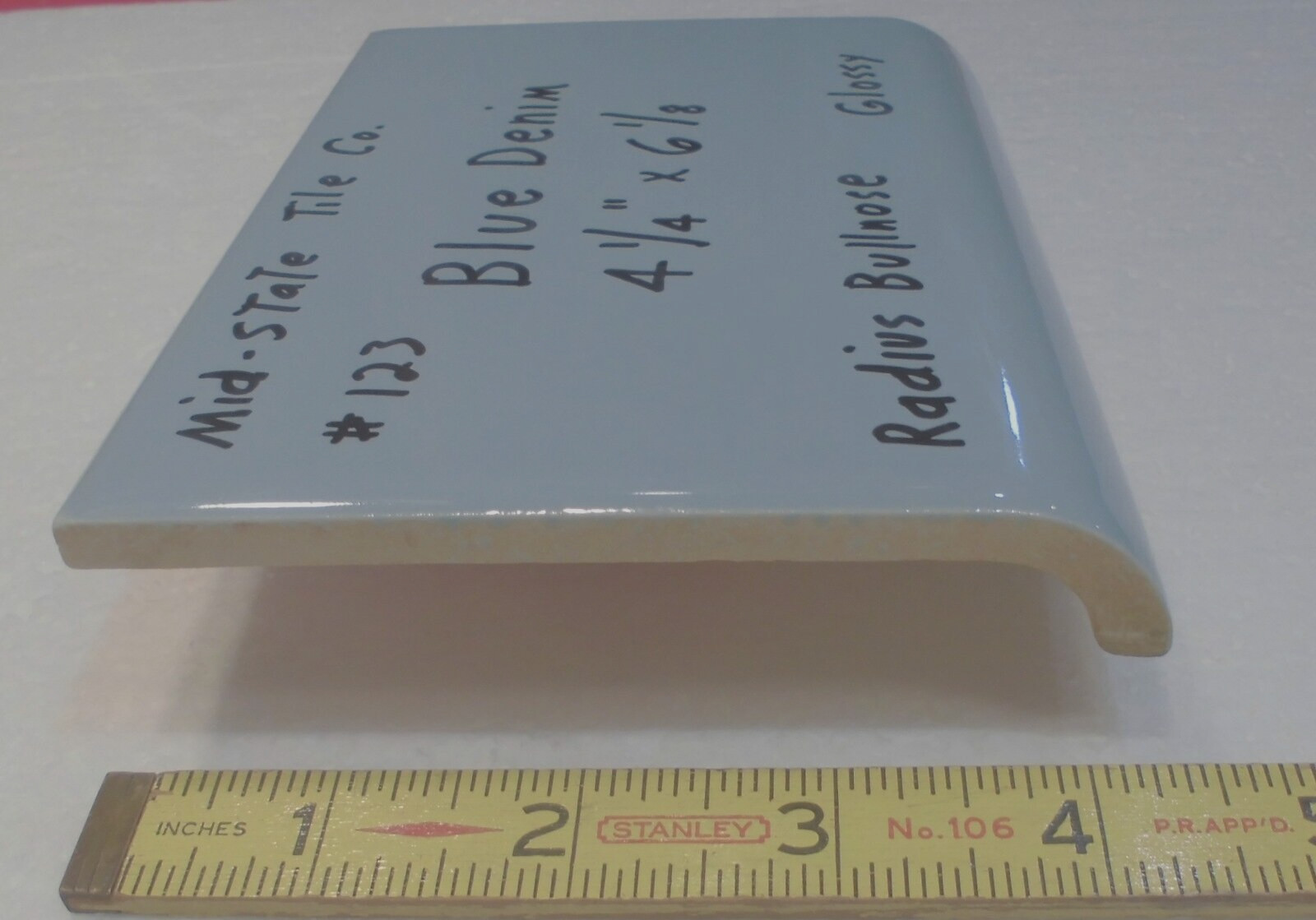 1 pc. *Blue Denim* Glossy Ceramic Bullnose Tile 4-3/8″ X 6-1/8″ by Mid-State Co.