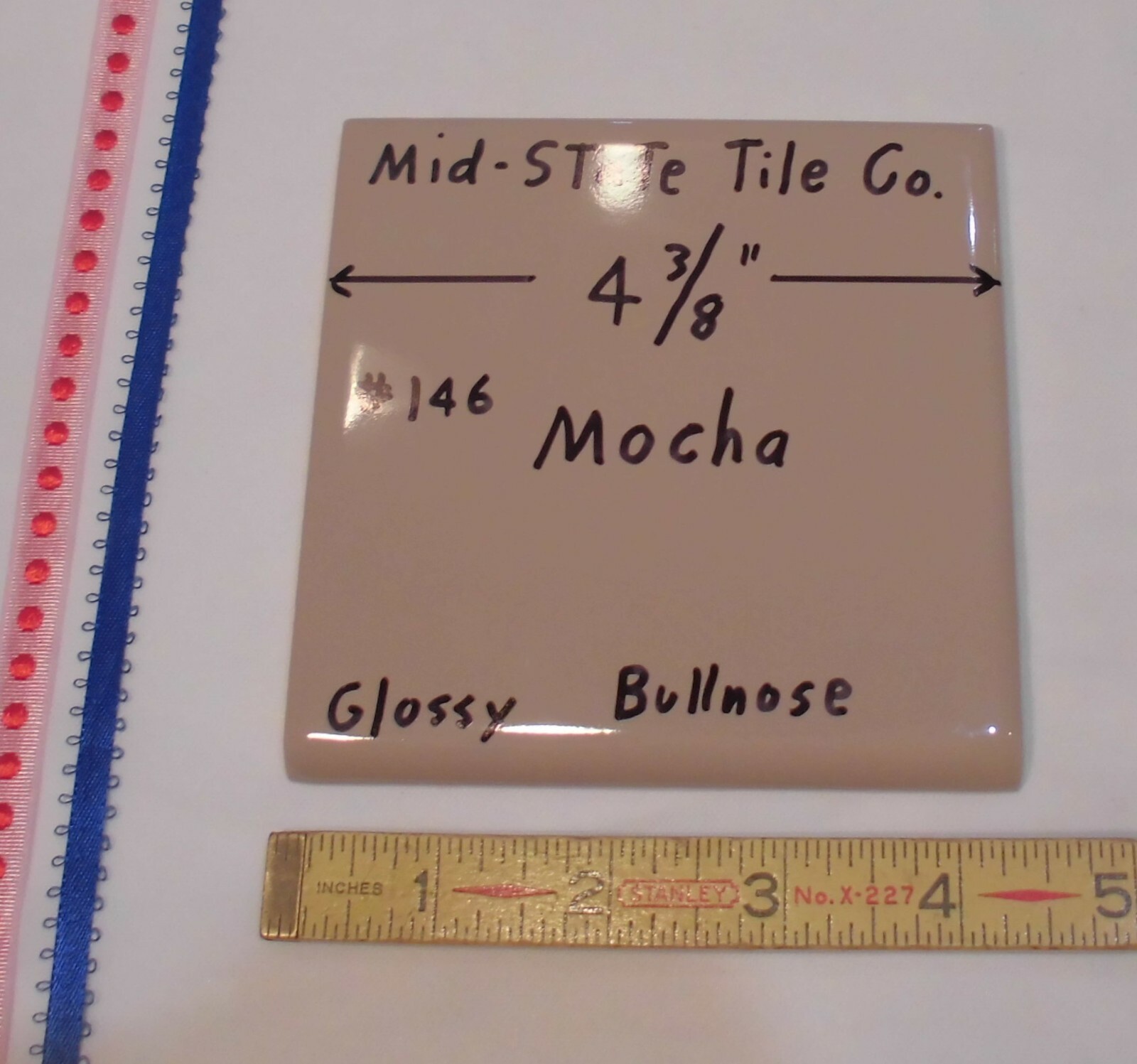 1 pc. *Mocha – Brown* Bullnose Ceramic Tile 4-3/8″ by Mid-State Co. Glossy NEW