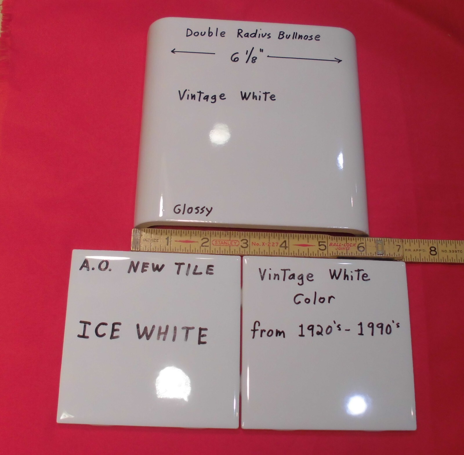 1 pc. Vintage White 6″ x 6″ Double Radius Bullnose Glossy Ceramic Tile, NOS