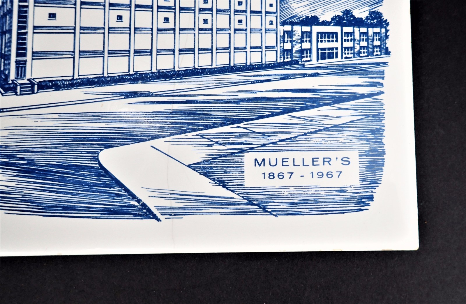 Mueller’s Building 1867-1967 Ceramic Tile Trivet Cork Backed Vtg Massachusetts