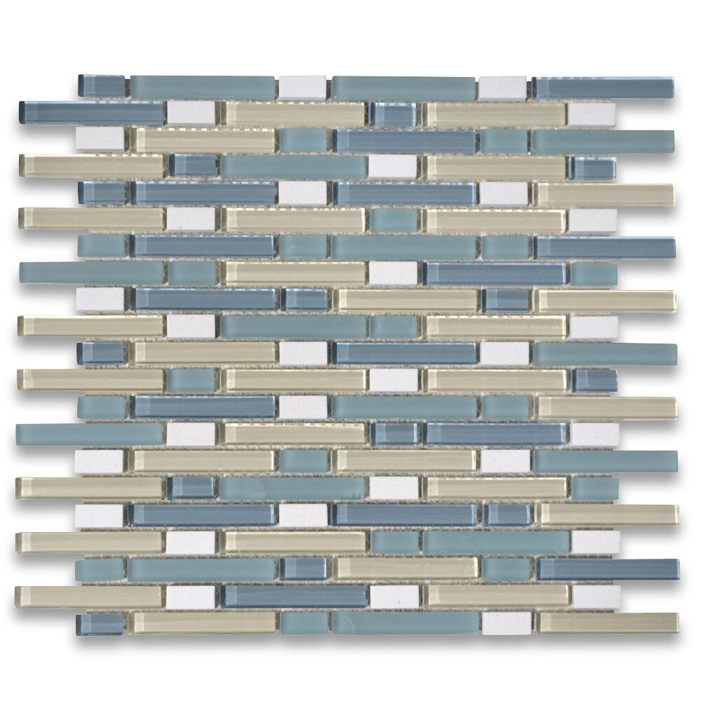 A77005 Glass Mosaic Tile Blue Beige Glass Mix Crystal White Marble Brick