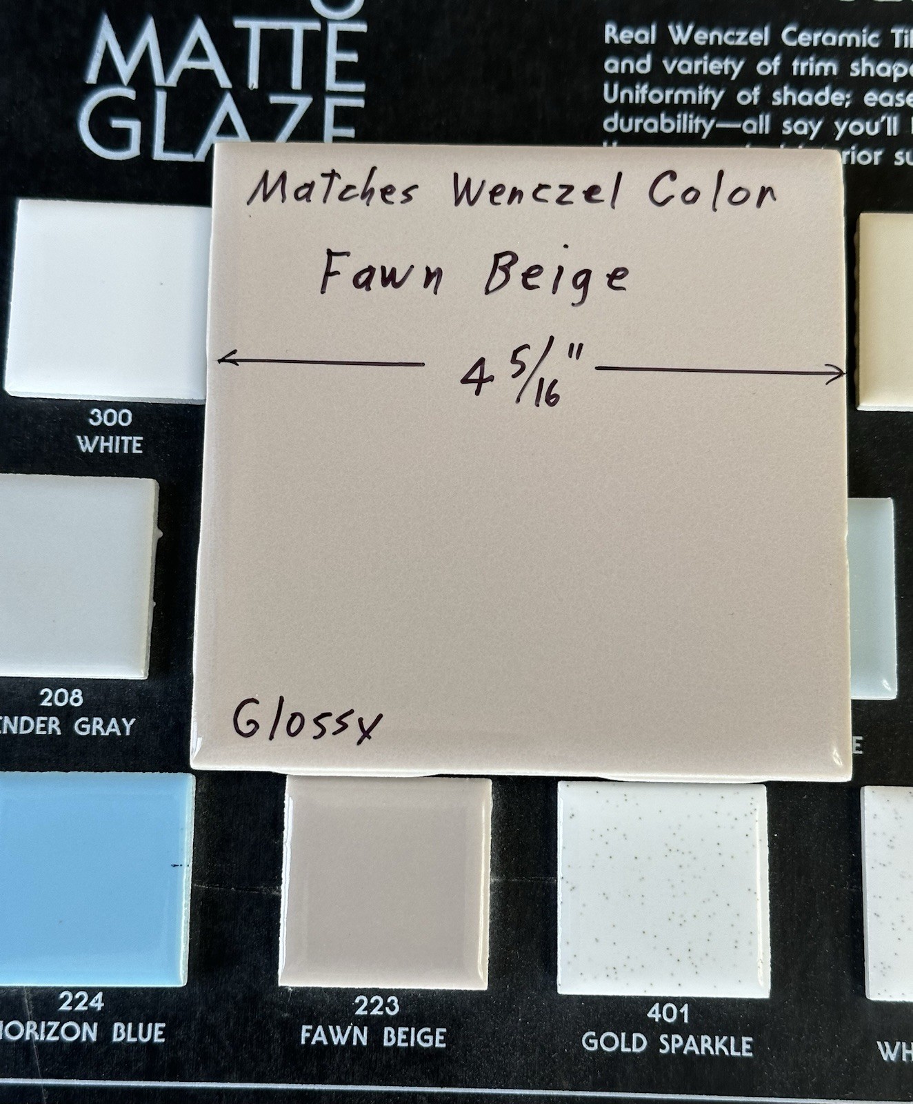 1 pc. Fawn Beige: 4-5/16″ Glossy Ceramic Tile, matches Wenczel Color #223, NOS