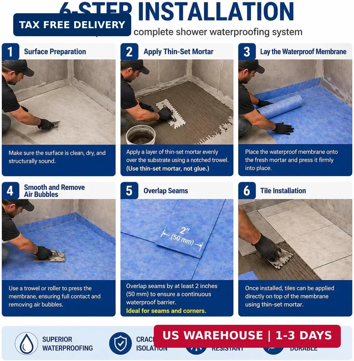 Shower Waterproofing Membrane Roll, 5 in x 50 Ft, 21 Sq Ft, 20 Mil | Blue HDPE r