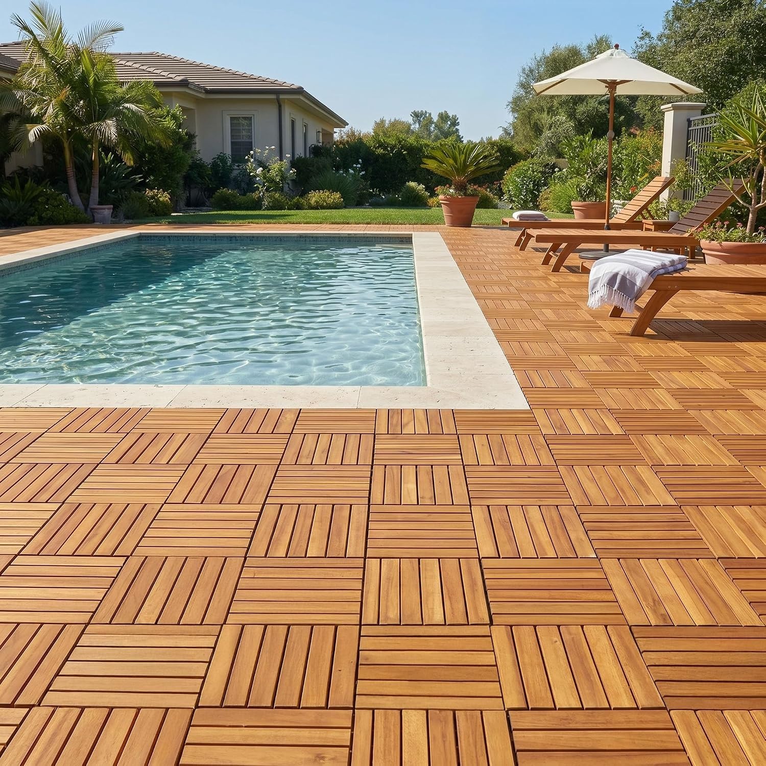 Non-Slip Acacia Wood Deck Tiles – Golden Striped, 12”x12”, 9 Pcs Easy Install