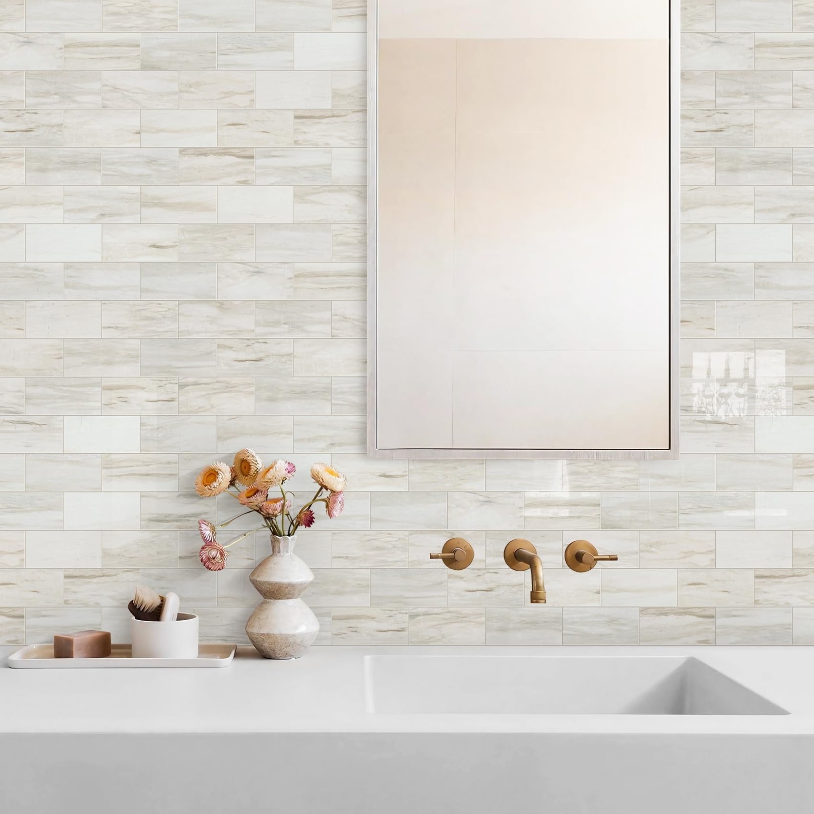 4-Piece Glossy Wooden Marble Grain Peel and Stick Backsplash Tile,3”x6” PVC…