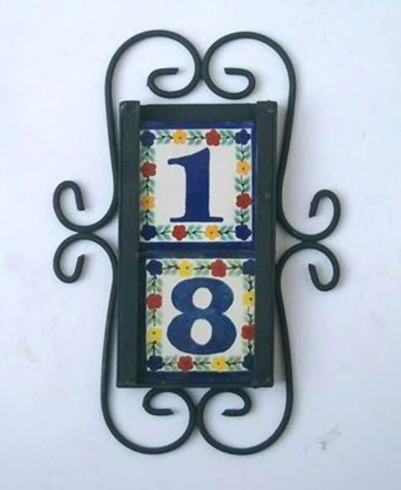 2 Mexican Tiles Talavera House Numbers & Vertical Iron Frame