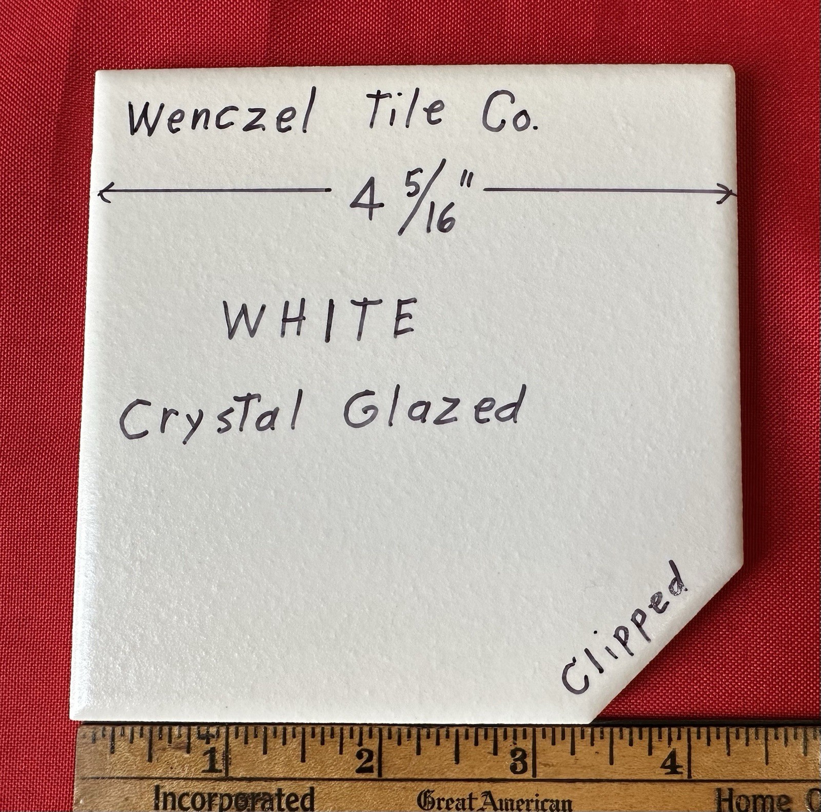 1 pc. White Crystal Glazed: Ceramic Tile by Wenczel Co. 4-5/16, Clipped Corner