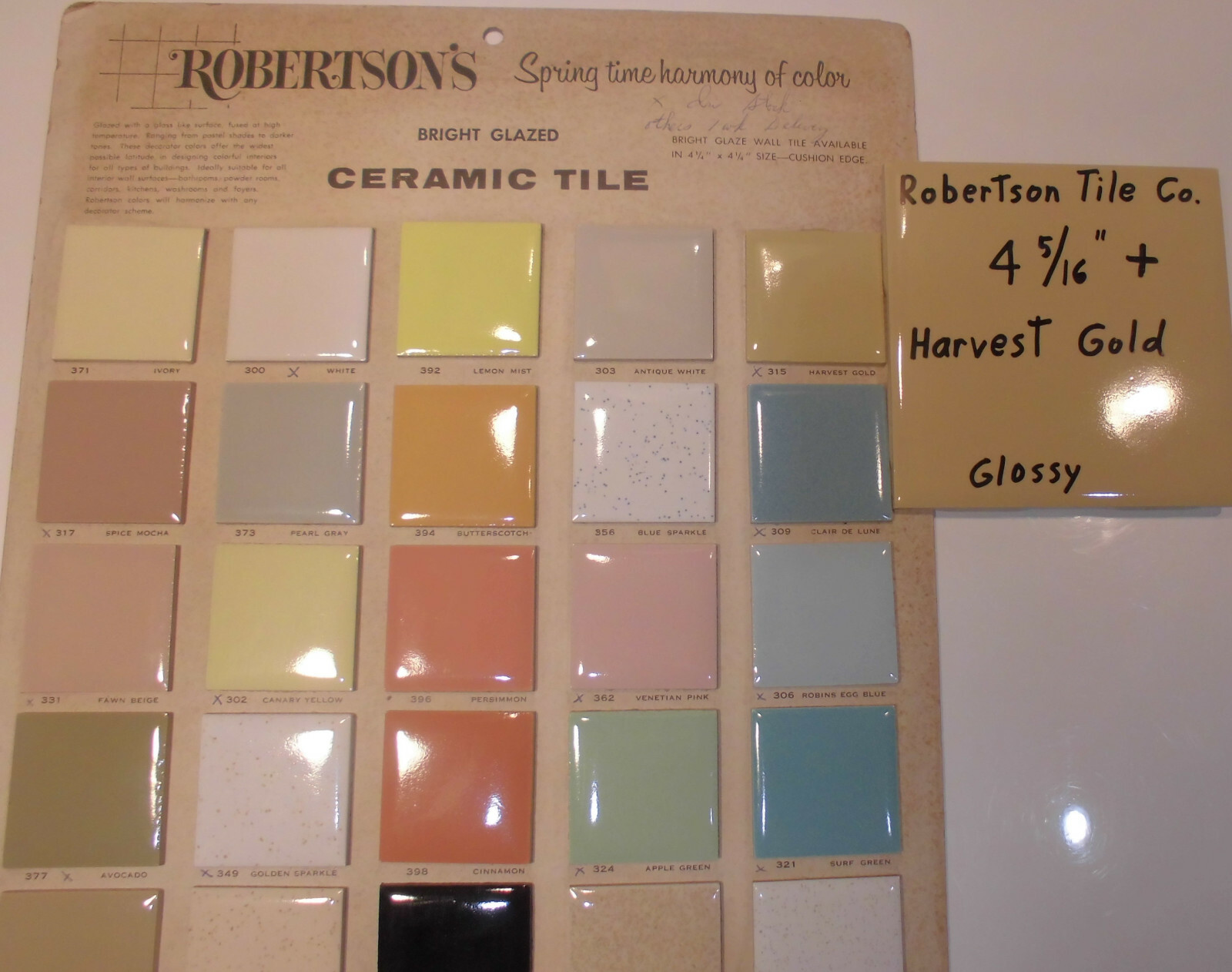 1 pc. *Harvest Gold / Yellow* Ceramic Tile 4-5/16″- 4-3/8″ Robertson Co. NOS