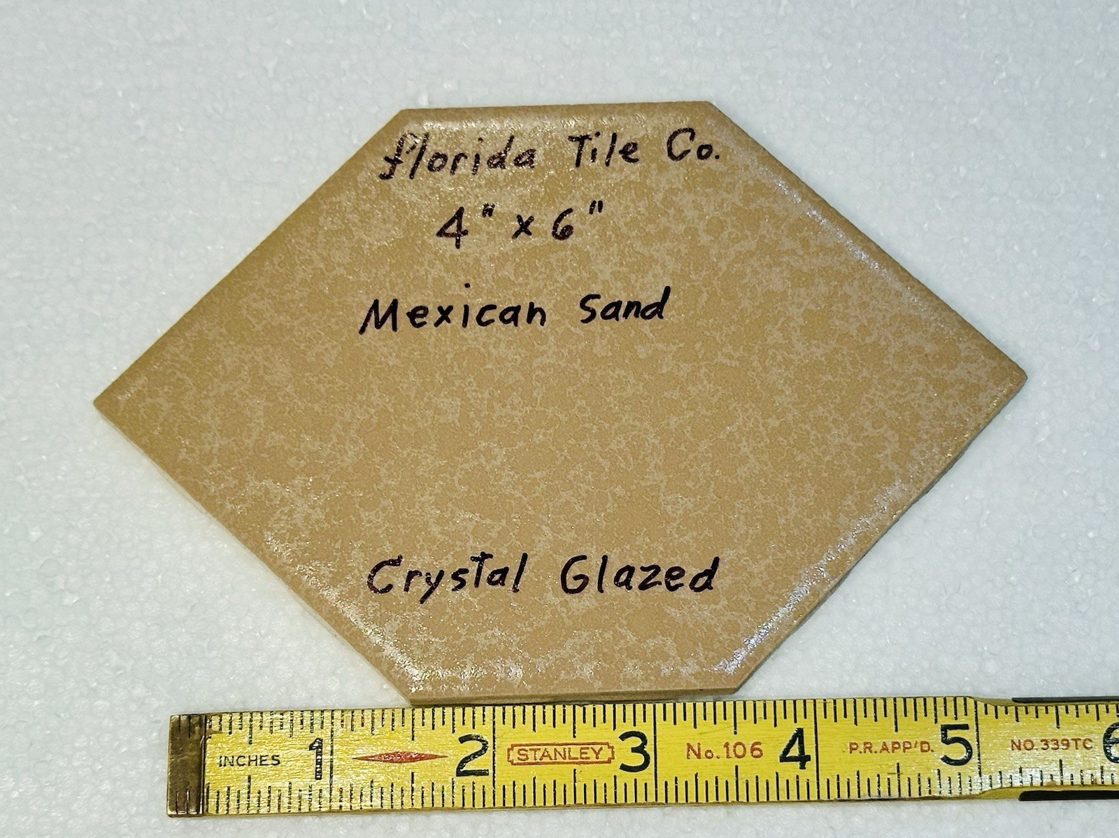 1 pc. Light Brown: Hexagon 4″ X 6″ Ceramic Tile: Crystal Glazed, Florida Co. NOS