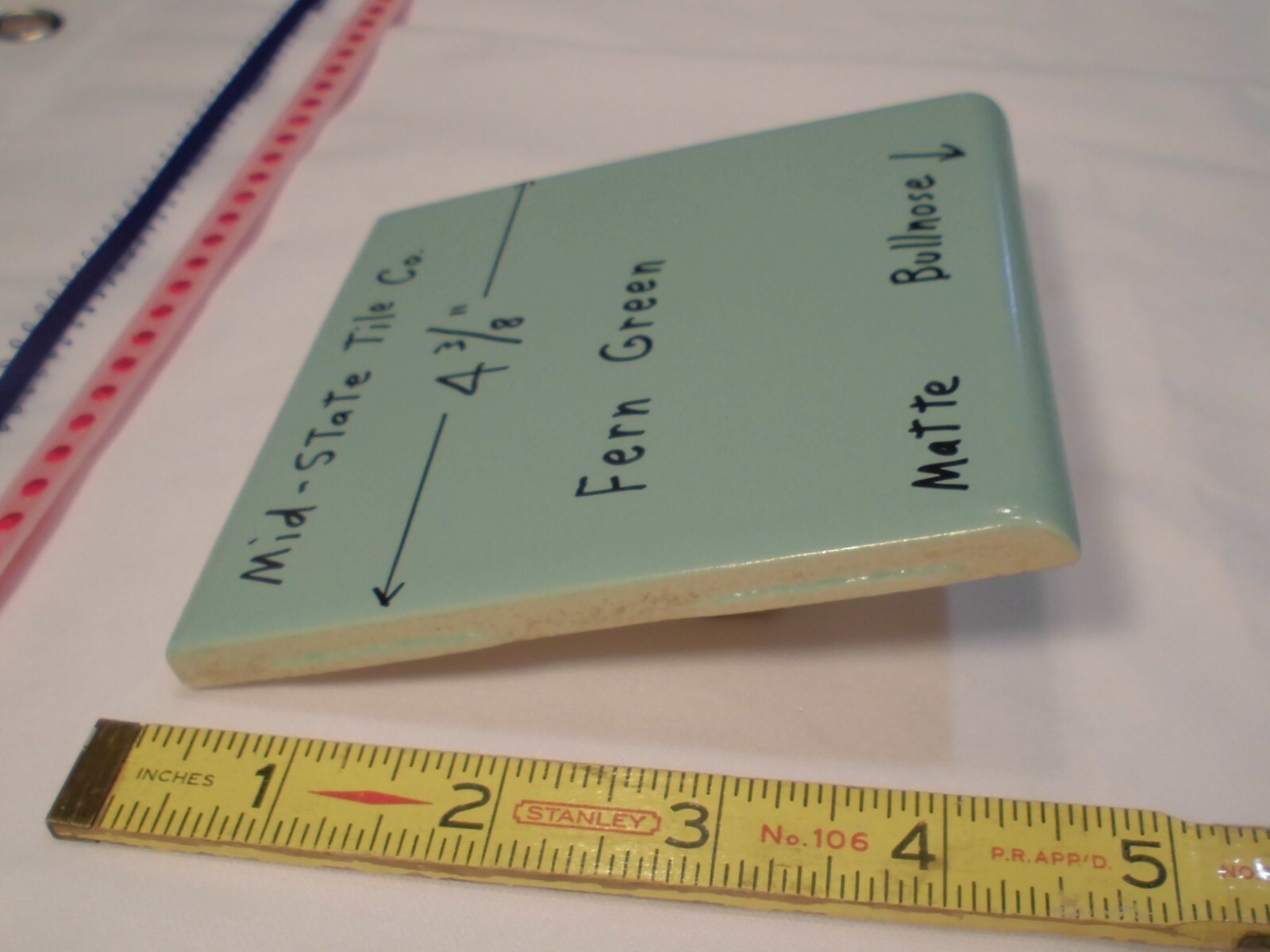 1 pc. Fern Green; Matte Bullnose Ceramic Tile 4-3/8″ by Mid-State Co. NOS
