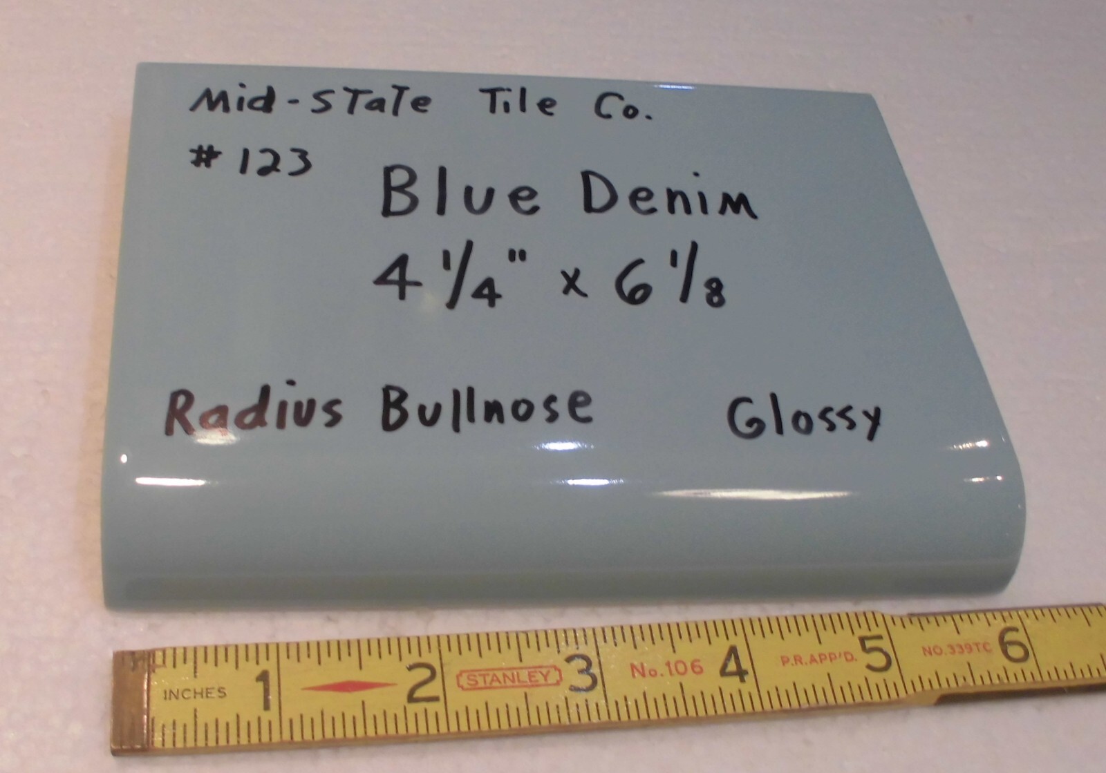 1 pc. *Blue Denim* Glossy Ceramic Bullnose Tile 4-3/8″ X 6-1/8″ by Mid-State Co.