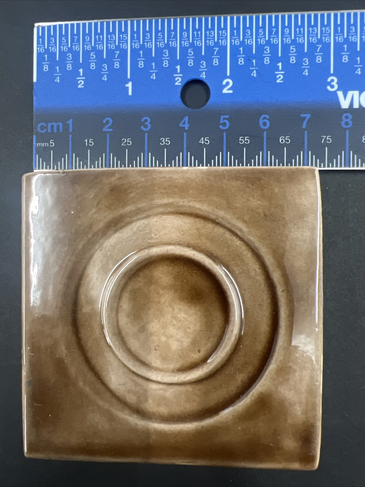 4 – Vintage Brown Ceramic Tile 2 7/8” Square 3/8” Thick Recessed Circles