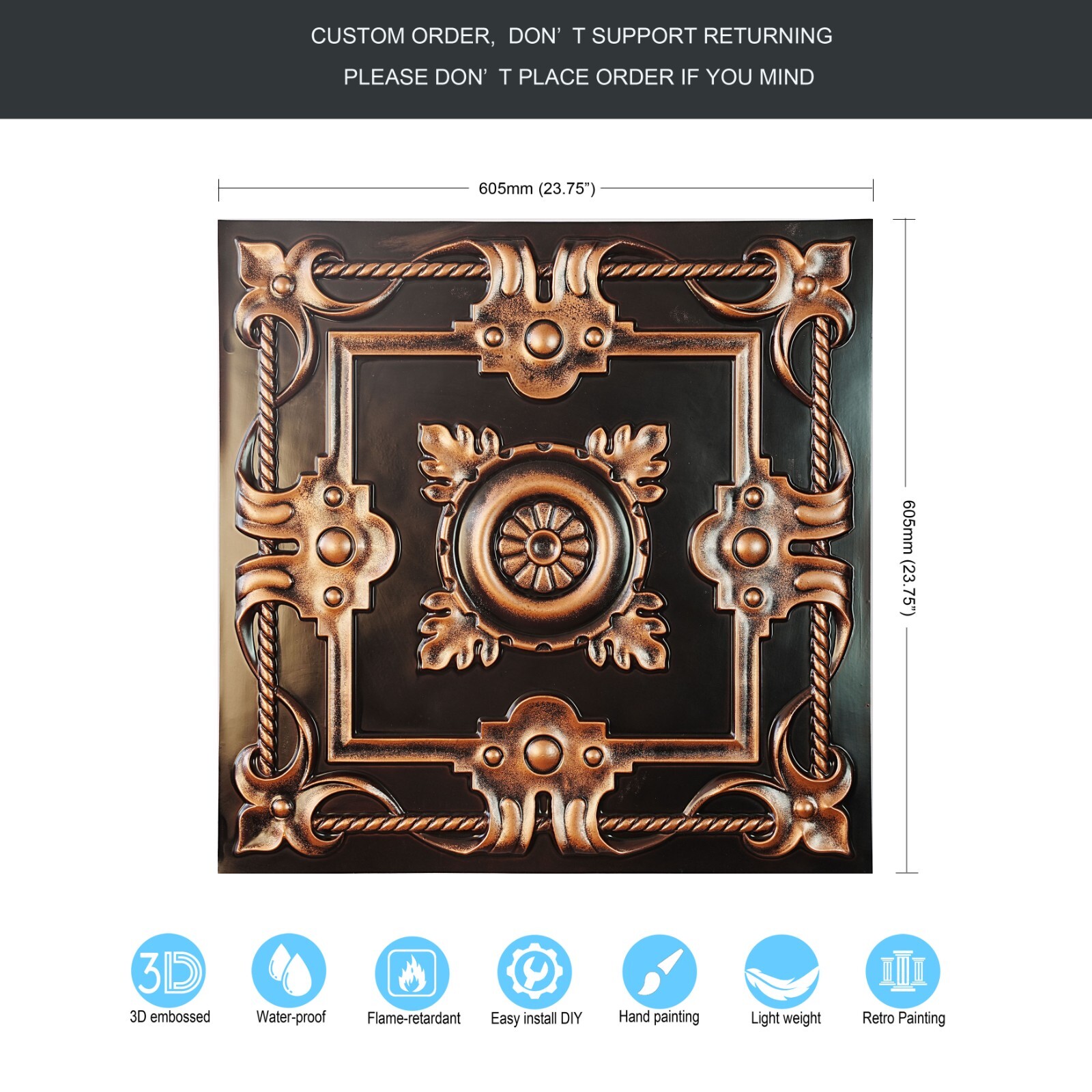 PVC Ceiling Tiles 3D Embossed Wall Panel 2’x2′ 10pcs PL29 Traditional copper