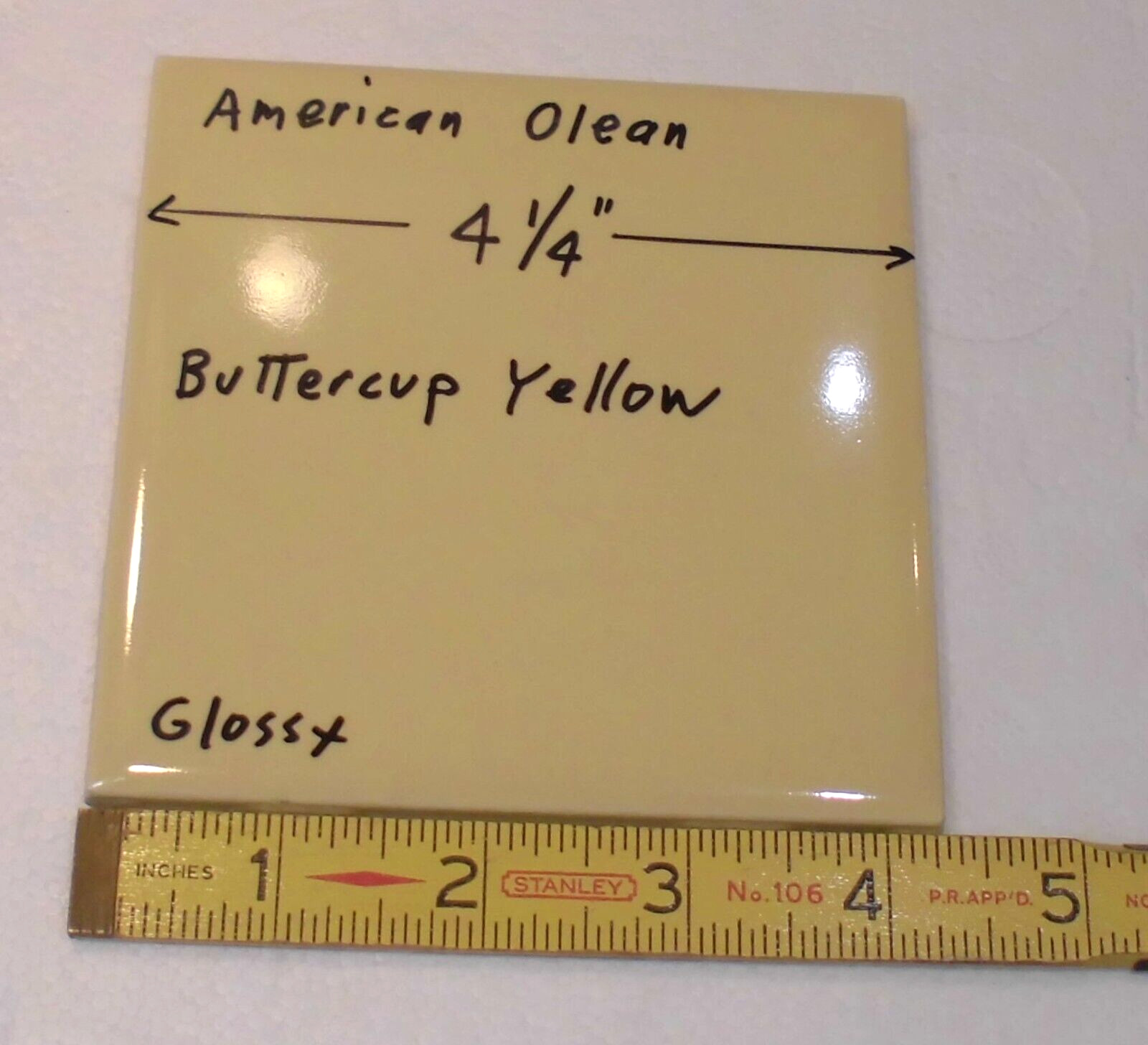 1 pc. Buttercup Yellow: 4-1/4″ Glossy Ceramic Tile by American Olean #12, NOS