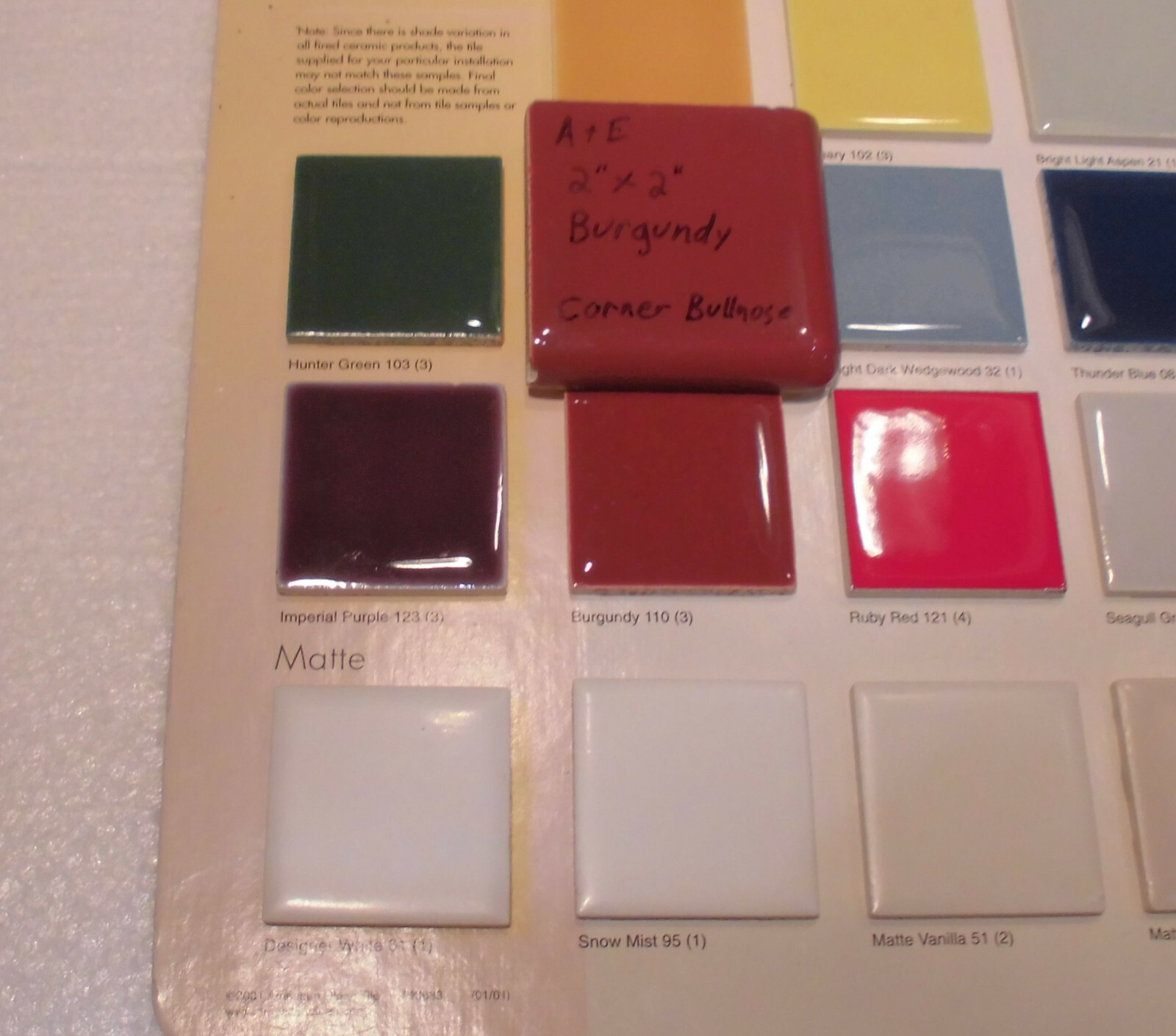 Burgundy 2″ X 2″ X 5/16″ Ceramic Surface Bullnose Corner Tile; made 1940’s