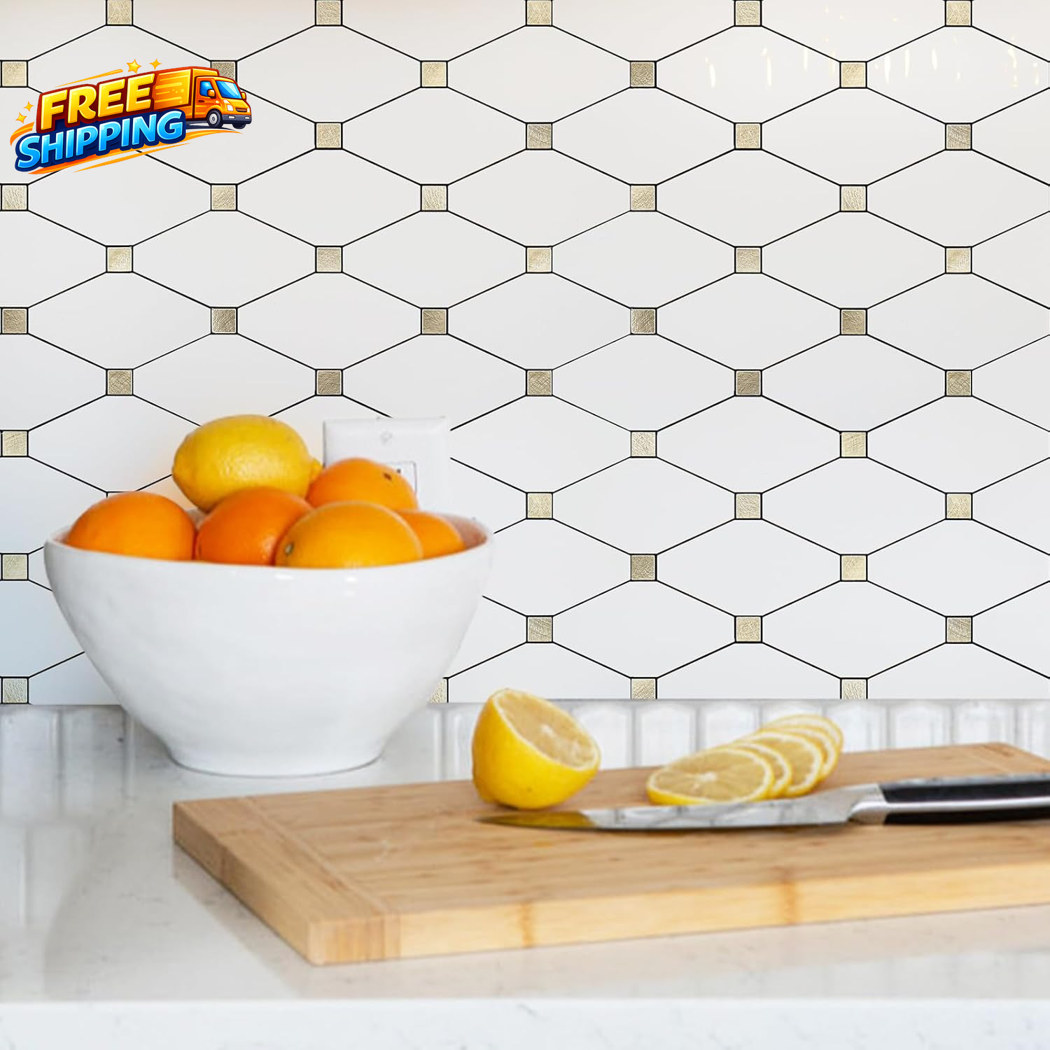 10 Sheets Peel and Stick Backsplash Pure White Marble Look PVC Mixed Metal Gold