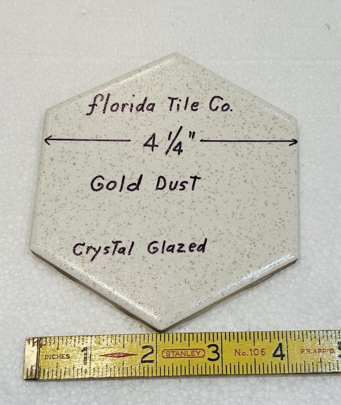 1 pc. 4-1/4″ Gold Dust: Hexagon Crystal Glazed Ceramic Tile by Florida Co. NOS