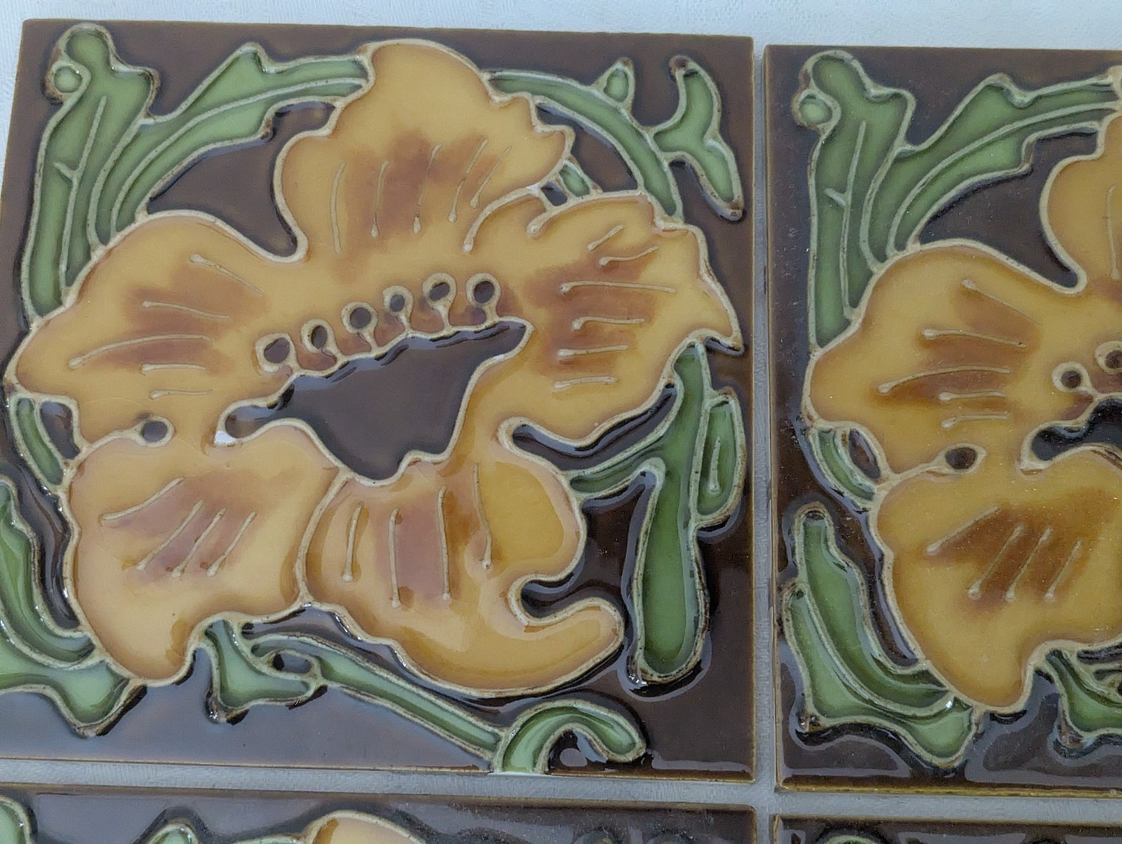 Set of 4 Glazed Ceramic 6″ Square Flower Tiles Art Nouveau Style