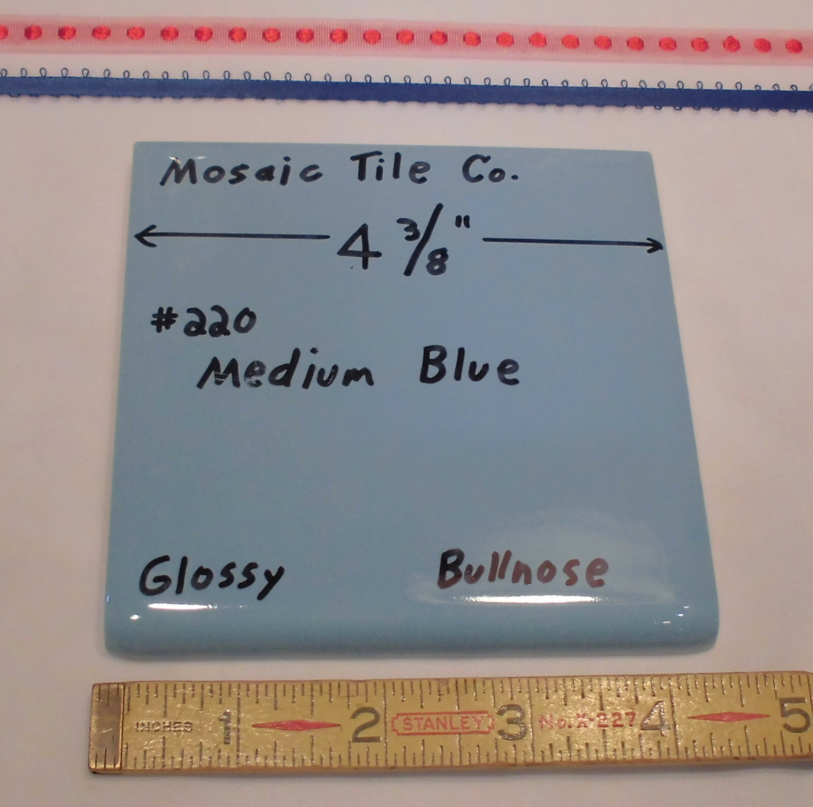 1 pc. Bullnose Ceramic Tile *Glossy Medium Blue* 4-3/8″ by Mosaic Co. NOS