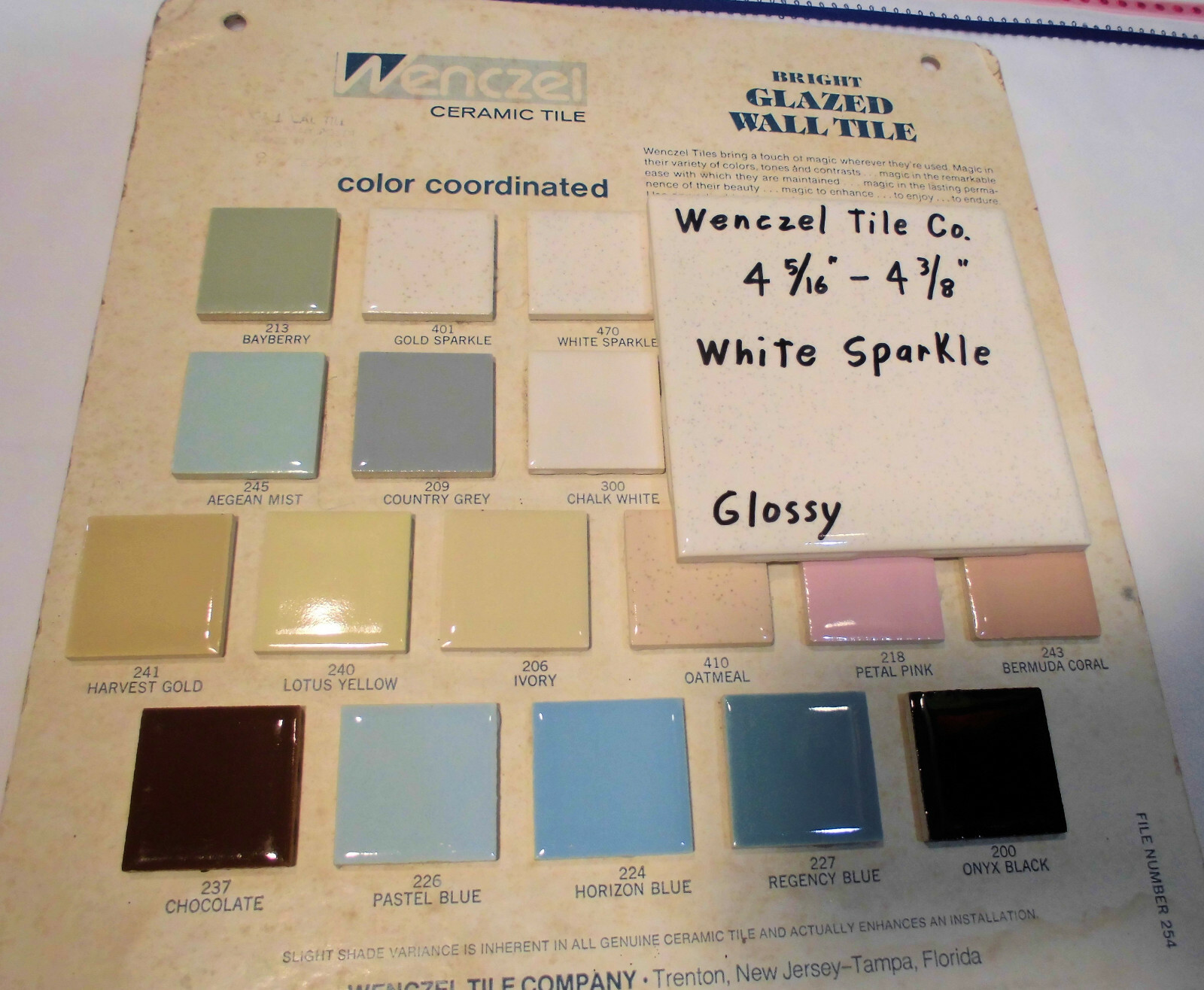 1 pc. Vintage *White Sparkle* Glossy Ceramic Tile by Wenczel 4-5/16″- 4/3/8″