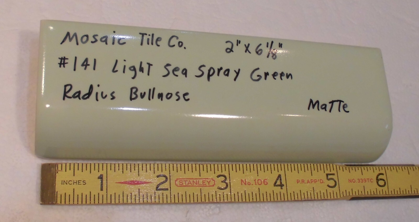1 pc. Light Green: 2″ X 6″ Semi- Matte Ceramic Bullnose Radius Tile, Mosaic Co.