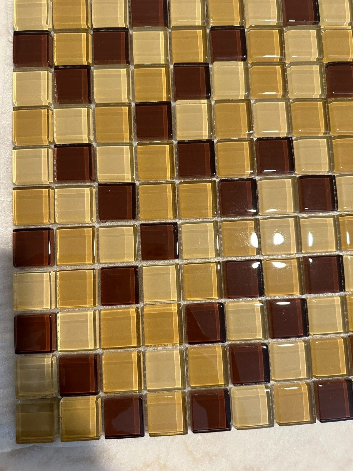 Dark Beige Mix Glossy Glass Mosaic 1″x1″ Stacked Mesh Mounted